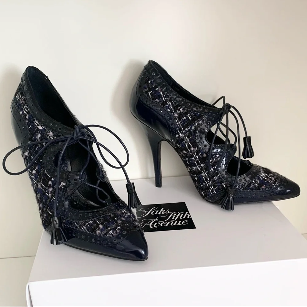 Tory Burch tweed tassel lace up oxford heels